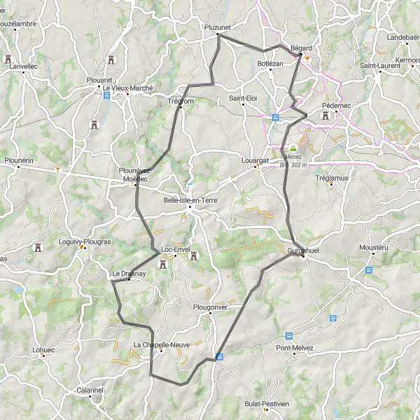 Miniature de la carte de l'inspiration cycliste "Bégard - Menez Bré Loop" dans la Bretagne, France. Générée par le planificateur d'itinéraire cycliste Tarmacs.app