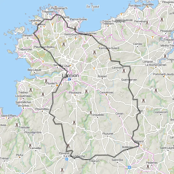 Map miniature of "The Bégard Loop" cycling inspiration in Bretagne, France. Generated by Tarmacs.app cycling route planner