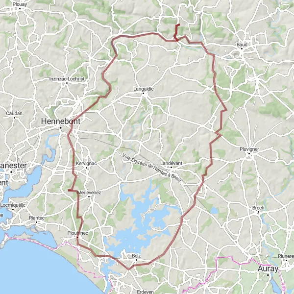 Map miniature of "The Gravel Adventure - Belz to Plouhinec" cycling inspiration in Bretagne, France. Generated by Tarmacs.app cycling route planner