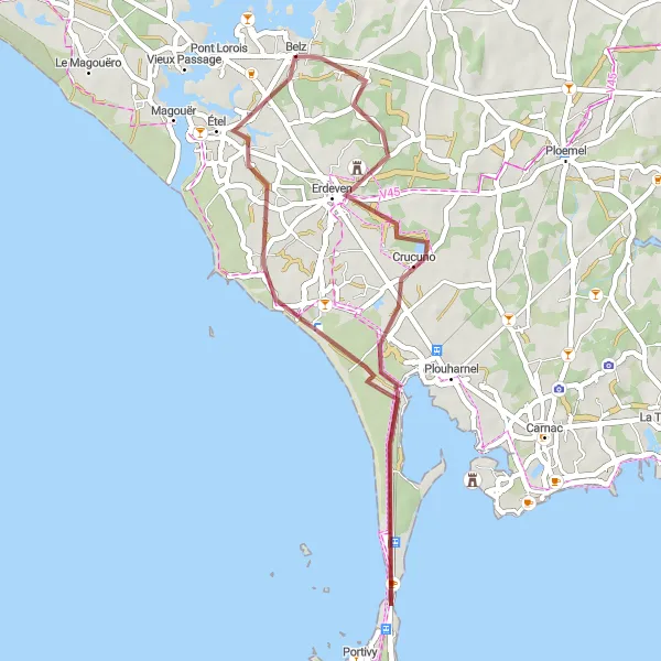 Map miniature of "The Coastal Gravel Ride" cycling inspiration in Bretagne, France. Generated by Tarmacs.app cycling route planner