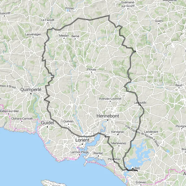 Miniature de la carte de l'inspiration cycliste "Le Tour de Belz et ses Environs" dans la Bretagne, France. Générée par le planificateur d'itinéraire cycliste Tarmacs.app