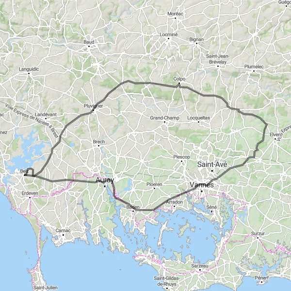 Map miniature of "The Hilly Road Adventure" cycling inspiration in Bretagne, France. Generated by Tarmacs.app cycling route planner