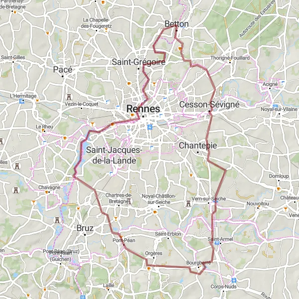 Miniature de la carte de l'inspiration cycliste "Parcours gravel à travers la campagne bretonne" dans la Bretagne, France. Générée par le planificateur d'itinéraire cycliste Tarmacs.app