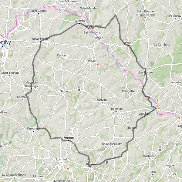 Map miniature of "Gueltas and Moustoir-Remungol Trail" cycling inspiration in Bretagne, France. Generated by Tarmacs.app cycling route planner