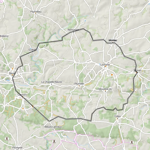 Map miniature of "Bignan - Treuliec - Toulran - Camors - Guénin - Table d'orientation - Moréac - Treuliec - Bignan" cycling inspiration in Bretagne, France. Generated by Tarmacs.app cycling route planner