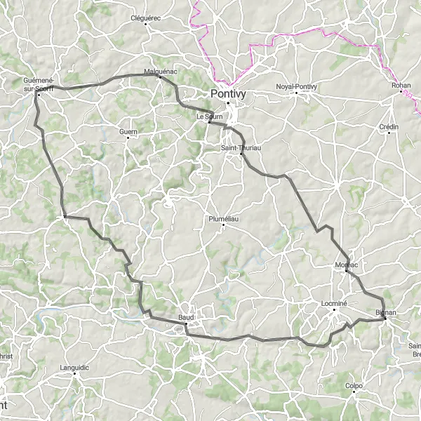 Map miniature of "Bignan - La Chapelle-Neuve - Château de la Villeneuve-Jacquelot - Locmalo - Malguénac - Le Sourn - Moréac - Bignan" cycling inspiration in Bretagne, France. Generated by Tarmacs.app cycling route planner