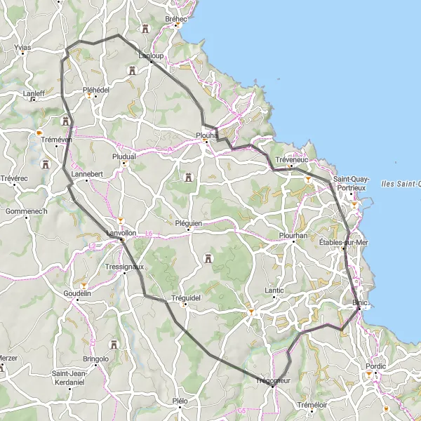 Miniature de la carte de l'inspiration cycliste "Boucle des Collines" dans la Bretagne, France. Générée par le planificateur d'itinéraire cycliste Tarmacs.app