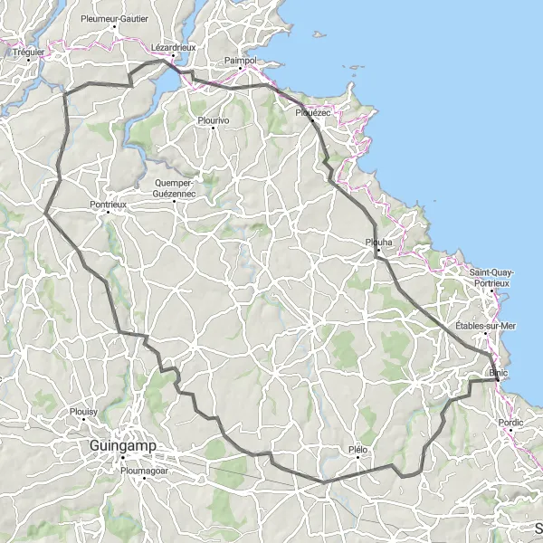 Miniature de la carte de l'inspiration cycliste "Tour de la Côte d'Armor" dans la Bretagne, France. Générée par le planificateur d'itinéraire cycliste Tarmacs.app