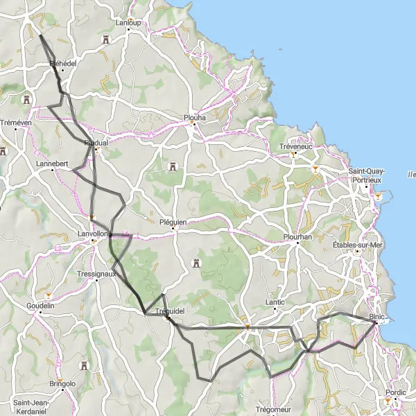 Miniature de la carte de l'inspiration cycliste "Le Tour des Villages Bretons" dans la Bretagne, France. Générée par le planificateur d'itinéraire cycliste Tarmacs.app