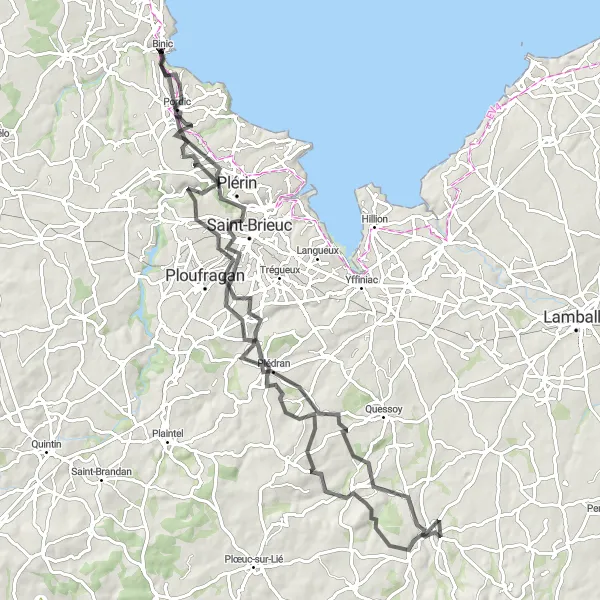 Miniature de la carte de l'inspiration cycliste "Échappée vers le Centre-Bretagne" dans la Bretagne, France. Générée par le planificateur d'itinéraire cycliste Tarmacs.app