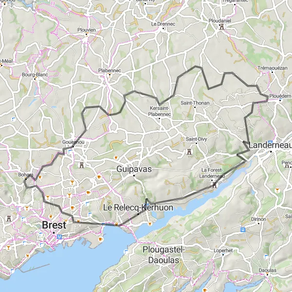 Map miniature of "Exciting Route to Landerneau" cycling inspiration in Bretagne, France. Generated by Tarmacs.app cycling route planner