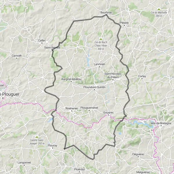 Miniature de la carte de l'inspiration cycliste "Boucle panoramique vers Silfiac et Glomel" dans la Bretagne, France. Générée par le planificateur d'itinéraire cycliste Tarmacs.app