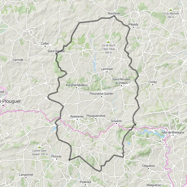 Map miniature of "Bourbriac to Silfiac Loop" cycling inspiration in Bretagne, France. Generated by Tarmacs.app cycling route planner