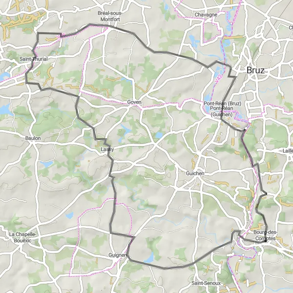 Miniature de la carte de l'inspiration cycliste "Boucle autour de Bourg-des-Comptes" dans la Bretagne, France. Générée par le planificateur d'itinéraire cycliste Tarmacs.app