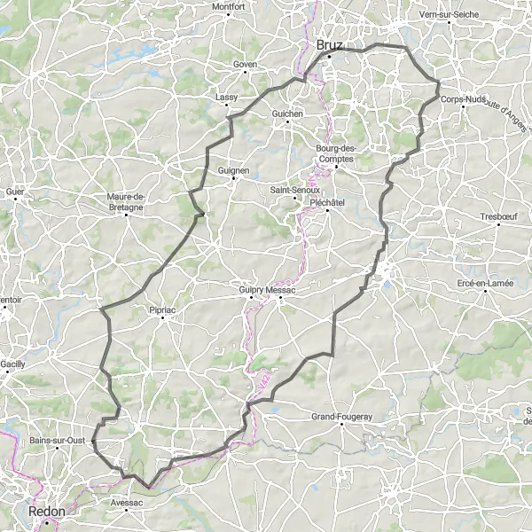 Miniature de la carte de l'inspiration cycliste "Bourgbarré - Bruz Loop" dans la Bretagne, France. Générée par le planificateur d'itinéraire cycliste Tarmacs.app