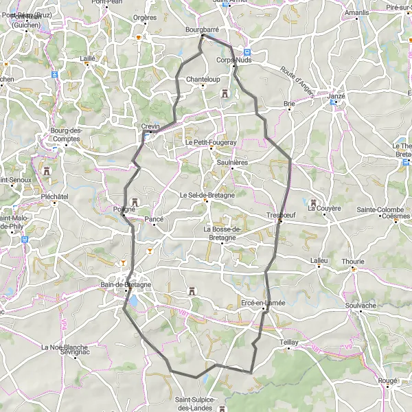 Miniature de la carte de l'inspiration cycliste "Tour de l'Est Bretagne" dans la Bretagne, France. Générée par le planificateur d'itinéraire cycliste Tarmacs.app