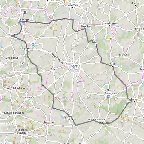 Miniature de la carte de l'inspiration cycliste "Bourgbarré - Corps-Nuds Circuit" dans la Bretagne, France. Générée par le planificateur d'itinéraire cycliste Tarmacs.app