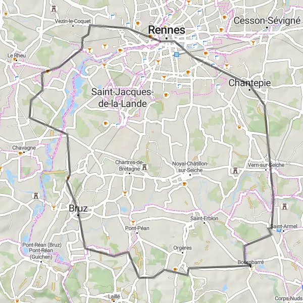 Miniature de la carte de l'inspiration cycliste "Bourgbarré - Chantepie Route" dans la Bretagne, France. Générée par le planificateur d'itinéraire cycliste Tarmacs.app