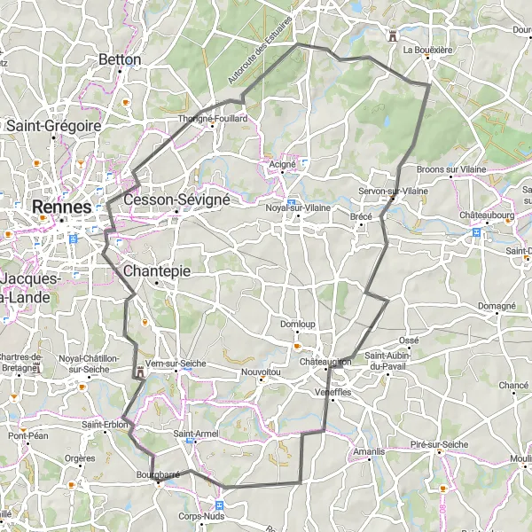 Miniature de la carte de l'inspiration cycliste "Bourgbarré - Châteaugiron Loop" dans la Bretagne, France. Générée par le planificateur d'itinéraire cycliste Tarmacs.app