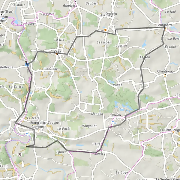 Miniature de la carte de l'inspiration cycliste "Crevin - Bourg-des-Comptes Circuit" dans la Bretagne, France. Générée par le planificateur d'itinéraire cycliste Tarmacs.app