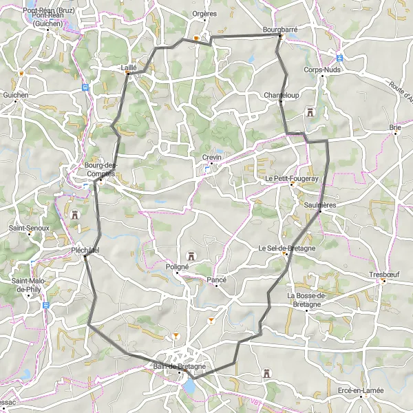 Miniature de la carte de l'inspiration cycliste "Les charmes du Sud-Est Bretagne" dans la Bretagne, France. Générée par le planificateur d'itinéraire cycliste Tarmacs.app