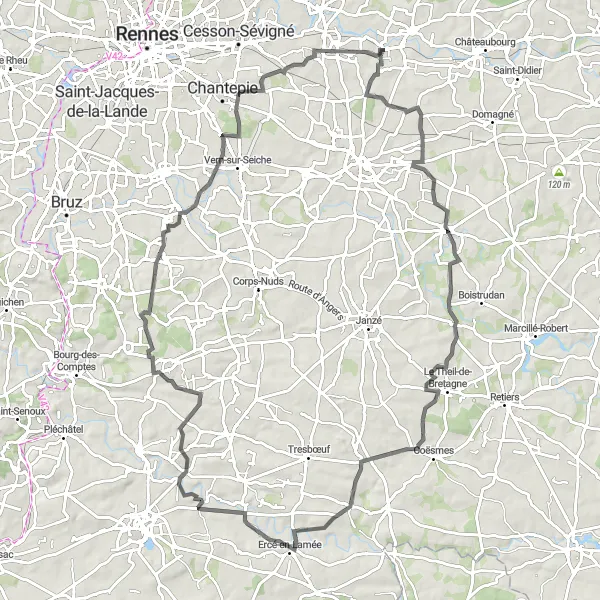 Map miniature of "Piré-sur-Seiche Loop" cycling inspiration in Bretagne, France. Generated by Tarmacs.app cycling route planner