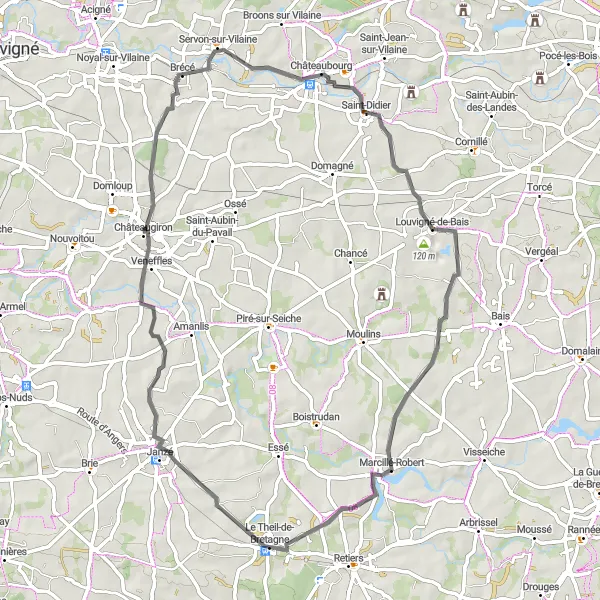 Miniature de la carte de l'inspiration cycliste "Escapade Campagnarde" dans la Bretagne, France. Générée par le planificateur d'itinéraire cycliste Tarmacs.app