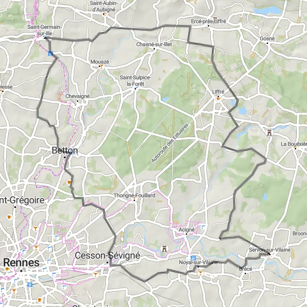 Miniature de la carte de l'inspiration cycliste "Le Tour de Brécé" dans la Bretagne, France. Générée par le planificateur d'itinéraire cycliste Tarmacs.app