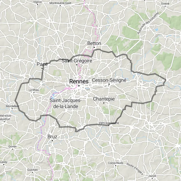 Miniature de la carte de l'inspiration cycliste "Au cœur de la campagne bretonne" dans la Bretagne, France. Générée par le planificateur d'itinéraire cycliste Tarmacs.app