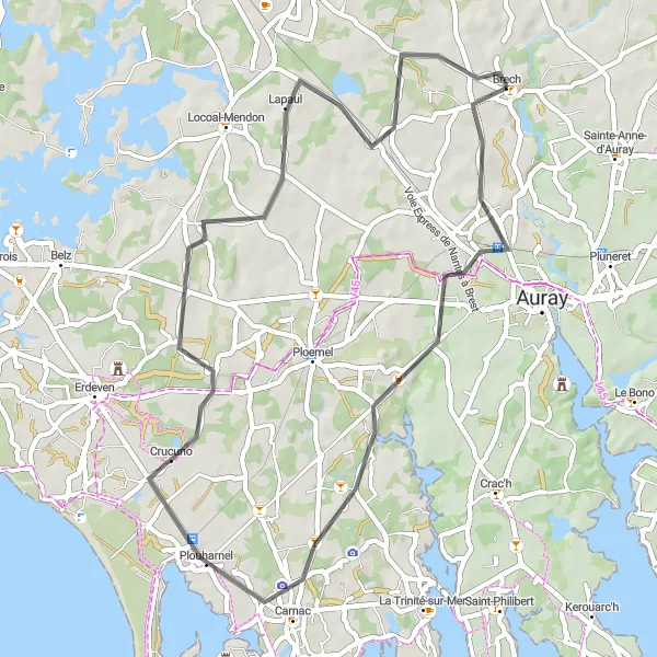 Map miniature of "Exploring Carnac's Megalithic Sites" cycling inspiration in Bretagne, France. Generated by Tarmacs.app cycling route planner