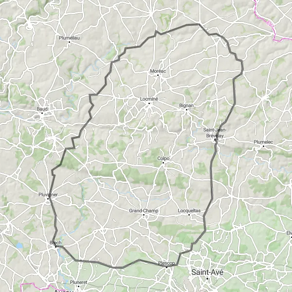 Miniature de la carte de l'inspiration cycliste "Les Chemins de l'Intérieur" dans la Bretagne, France. Générée par le planificateur d'itinéraire cycliste Tarmacs.app