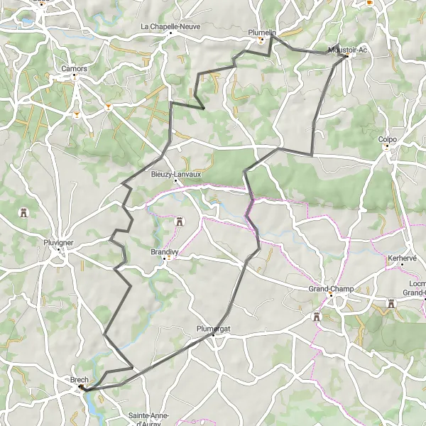 Map miniature of "Exploring the Countryside of Plumelin" cycling inspiration in Bretagne, France. Generated by Tarmacs.app cycling route planner