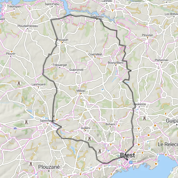 Miniature de la carte de l'inspiration cycliste "Escapade bretonne de Brest à Saint-Martin en route" dans la Bretagne, France. Générée par le planificateur d'itinéraire cycliste Tarmacs.app