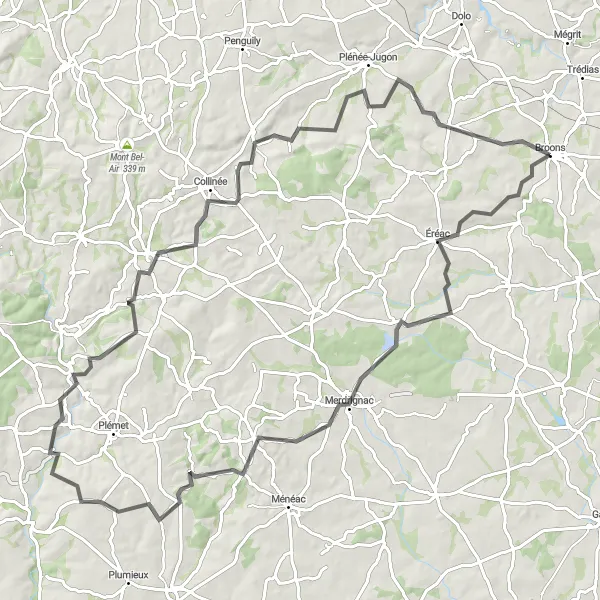 Miniature de la carte de l'inspiration cycliste "Boucle des Collines Bretonnes" dans la Bretagne, France. Générée par le planificateur d'itinéraire cycliste Tarmacs.app