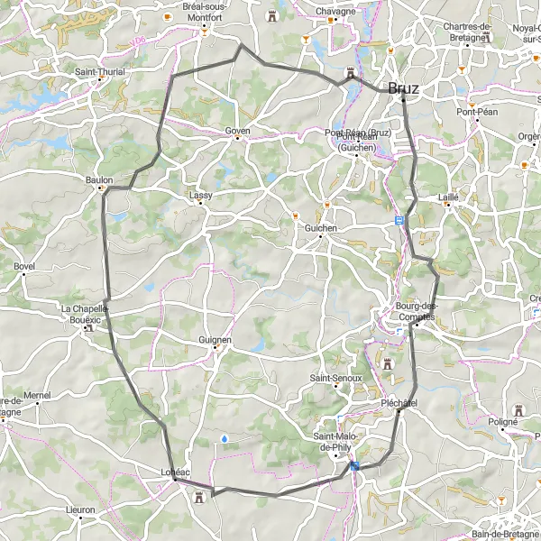 Map miniature of "Bourg-des-Comptes Loop" cycling inspiration in Bretagne, France. Generated by Tarmacs.app cycling route planner