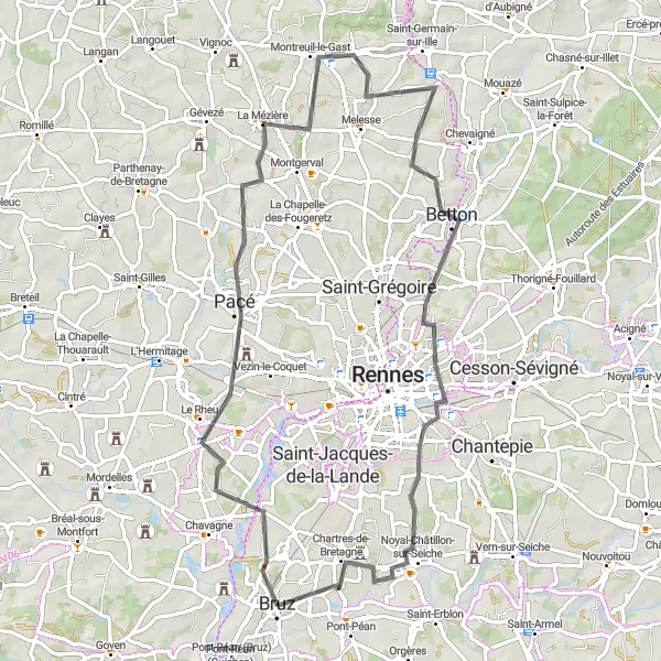Miniature de la carte de l'inspiration cycliste "Les Villages Bretons" dans la Bretagne, France. Générée par le planificateur d'itinéraire cycliste Tarmacs.app