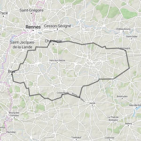 Map miniature of "Chantepie - Corps-Nuds Loop" cycling inspiration in Bretagne, France. Generated by Tarmacs.app cycling route planner