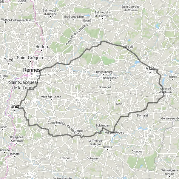 Miniature de la carte de l'inspiration cycliste "L'Épopée Historique en Bretagne" dans la Bretagne, France. Générée par le planificateur d'itinéraire cycliste Tarmacs.app