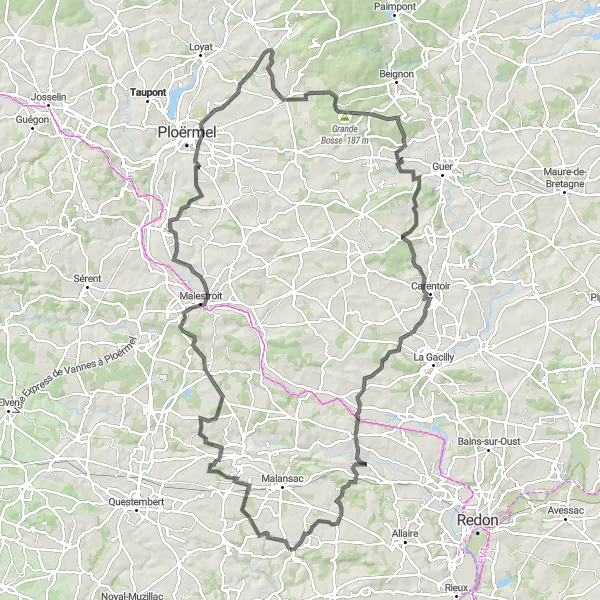 Miniature de la carte de l'inspiration cycliste "Itinéraire cycliste varié autour de Caden" dans la Bretagne, France. Générée par le planificateur d'itinéraire cycliste Tarmacs.app