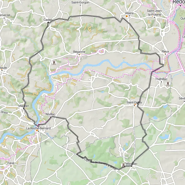 Map miniature of "Caden to Allaire Loop" cycling inspiration in Bretagne, France. Generated by Tarmacs.app cycling route planner