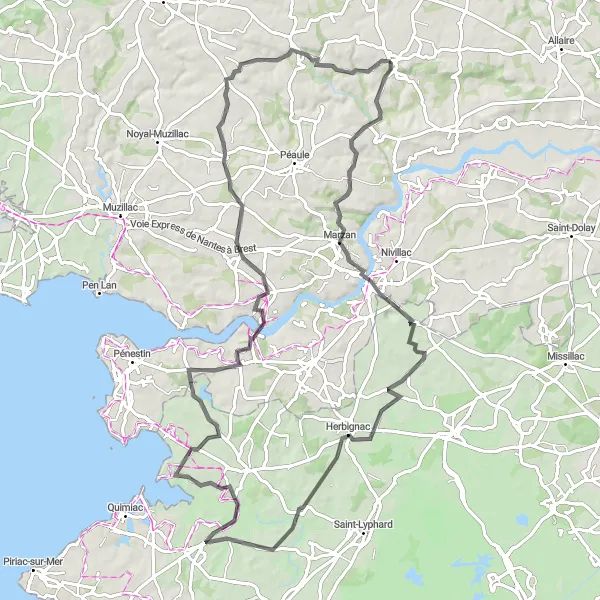 Map miniature of "Marzan and Château de Ranrouët Tour" cycling inspiration in Bretagne, France. Generated by Tarmacs.app cycling route planner