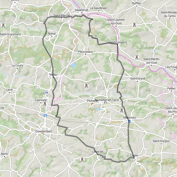 Miniature de la carte de l'inspiration cycliste "Boucle à vélo de route pittoresque près de Caden" dans la Bretagne, France. Générée par le planificateur d'itinéraire cycliste Tarmacs.app
