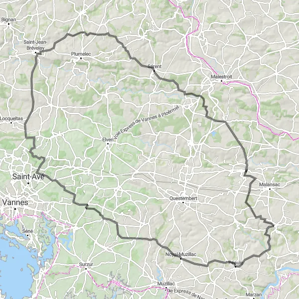 Miniature de la carte de l'inspiration cycliste "Escapade à vélo de route à partir de Caden" dans la Bretagne, France. Générée par le planificateur d'itinéraire cycliste Tarmacs.app