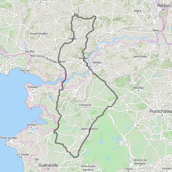 Miniature de la carte de l'inspiration cycliste "Le Tour Marzanais" dans la Bretagne, France. Générée par le planificateur d'itinéraire cycliste Tarmacs.app