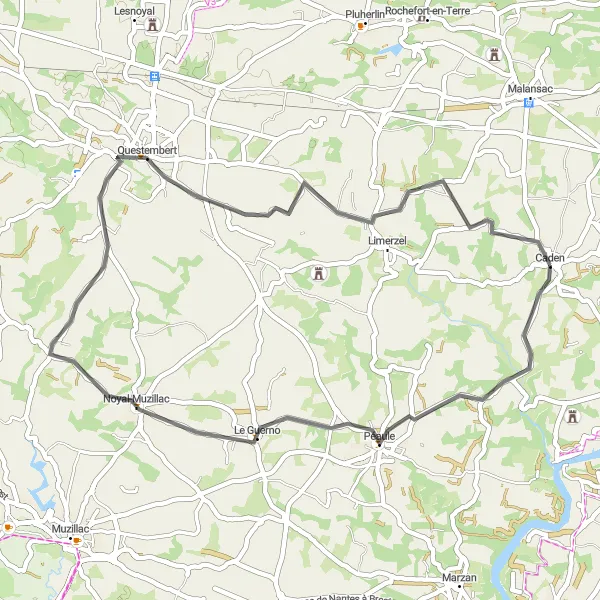 Map miniature of "Péaule and Questembert Adventure" cycling inspiration in Bretagne, France. Generated by Tarmacs.app cycling route planner