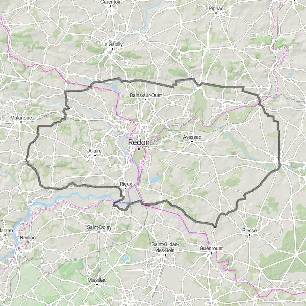Map miniature of "Saint-Jacut-les-Pins to Béganne Scenic Loop" cycling inspiration in Bretagne, France. Generated by Tarmacs.app cycling route planner