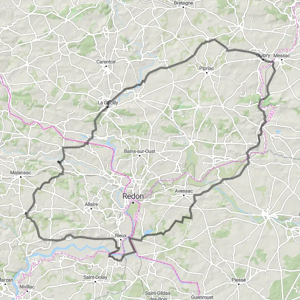 Miniature de la carte de l'inspiration cycliste "Boucle à vélo de route autour de Caden" dans la Bretagne, France. Générée par le planificateur d'itinéraire cycliste Tarmacs.app