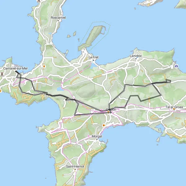 Miniature de la carte de l'inspiration cycliste "Escapade côtière à Crozon" dans la Bretagne, France. Générée par le planificateur d'itinéraire cycliste Tarmacs.app