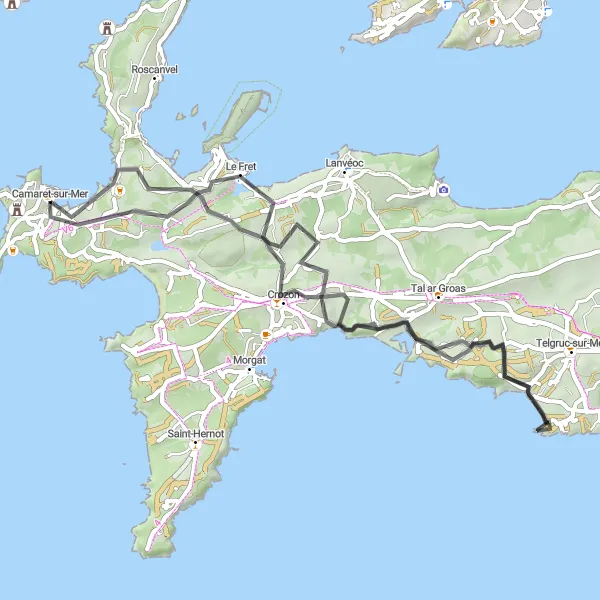 Miniature de la carte de l'inspiration cycliste "Boucle à vélo autour de Camaret-sur-Mer" dans la Bretagne, France. Générée par le planificateur d'itinéraire cycliste Tarmacs.app