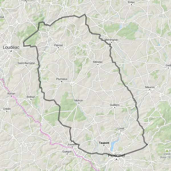 Map miniature of "Road Cycling Route: Campénéac Circuit" cycling inspiration in Bretagne, France. Generated by Tarmacs.app cycling route planner